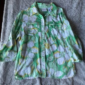 Alfred Dunner Floral Swiss Dot Button Shirt Green Yellow Womens 14 Boho